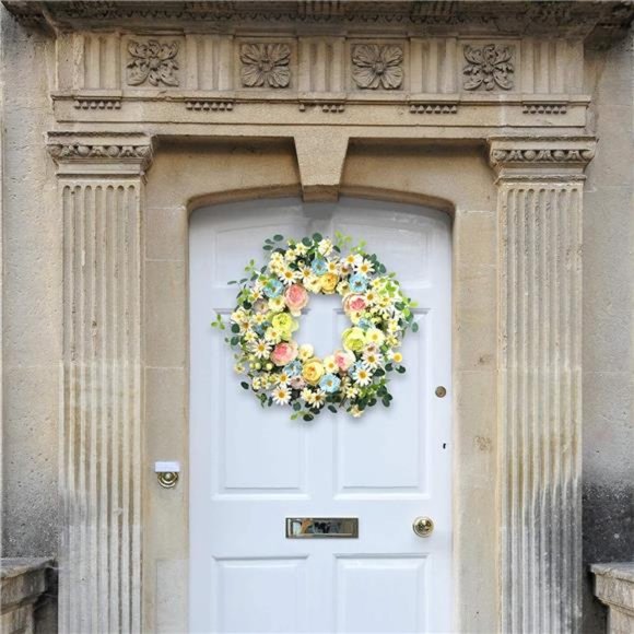 24” Artificial Flower Wreath,Daisy and Rose Wreath Colorful Spring/Summer Floral - Picture 5 of 7